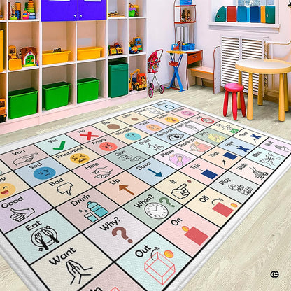 Core Vocabulary Rug, Communication Rugs for Kids Sped Classroom Rug, Autism Carpet, Speech Therapist Decor, Classroom Carpet, Back to School Mat for Kids Room Decor (STYLE4, X-Small (2x3 feet))
