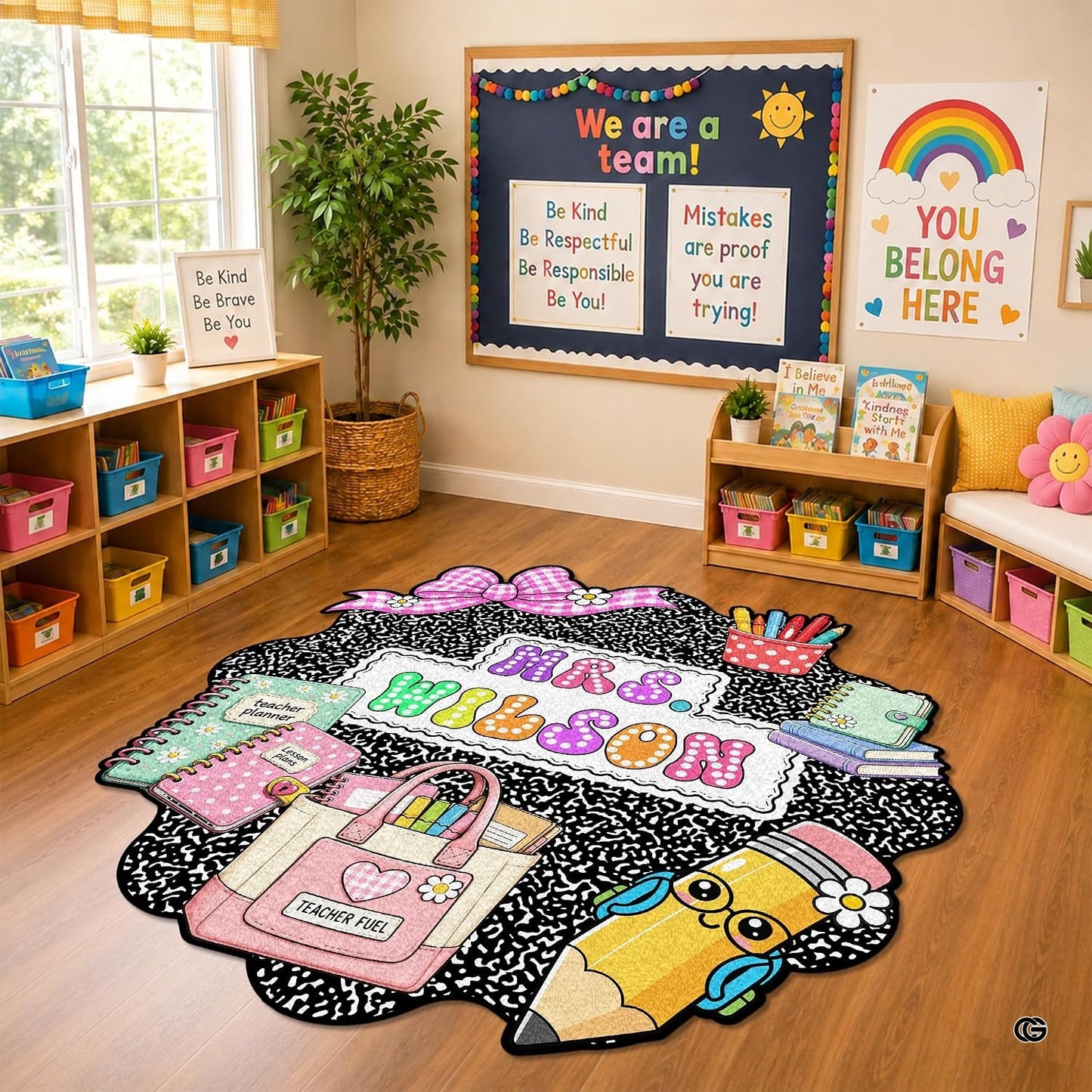 Personalized Composition Notebook Classroom Shaped Rugs for Kids (A01) | Custom Pennant Flag Carpet for Reading Corner, Non-Slip Apple Shape Rug Mat, Classroom Decor, Back To School Gift