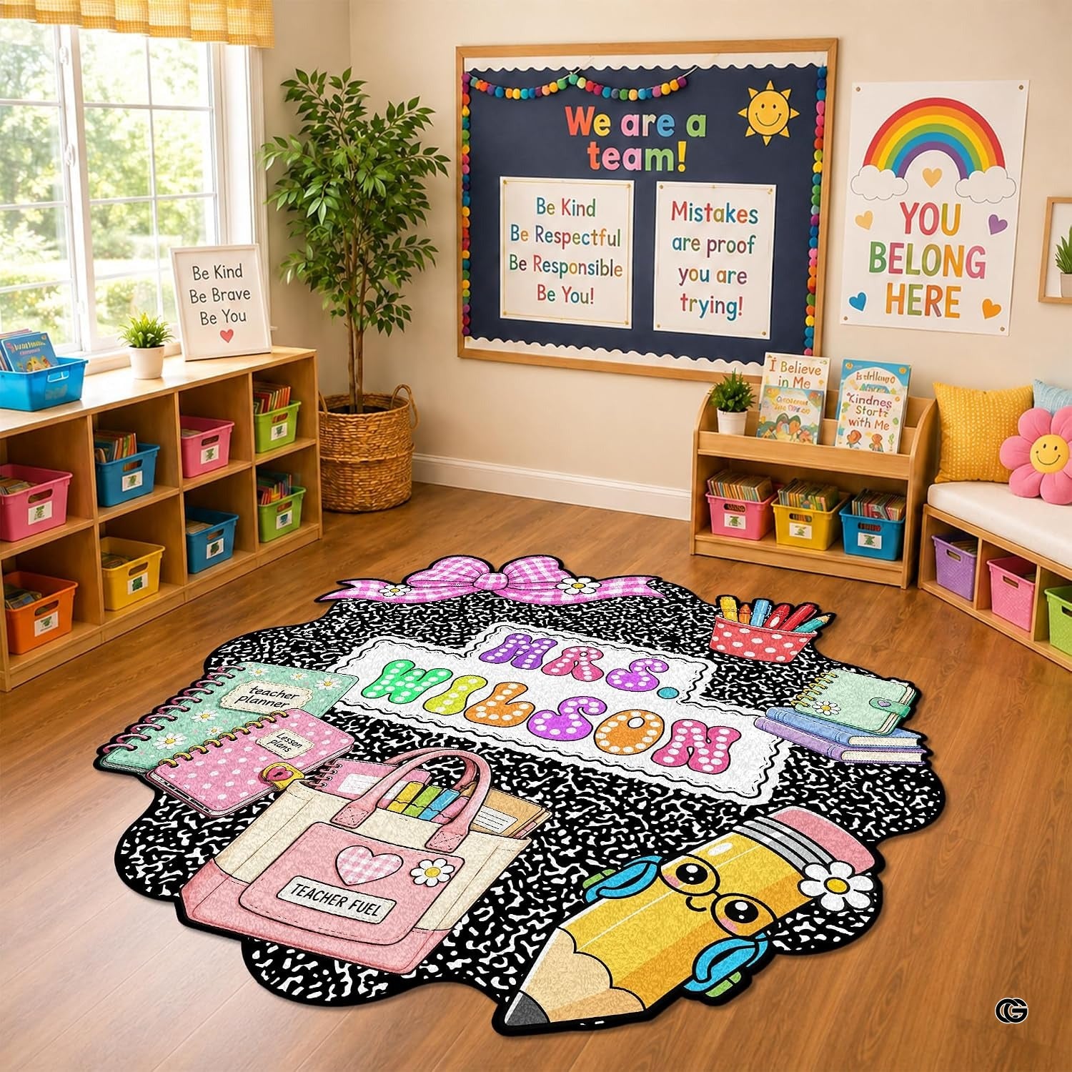 Personalized Composition Notebook Classroom Shaped Rugs for Kids (A01) | Custom Pennant Flag Carpet for Reading Corner, Non-Slip Apple Shape Rug Mat, Classroom Decor, Back To School Gift
