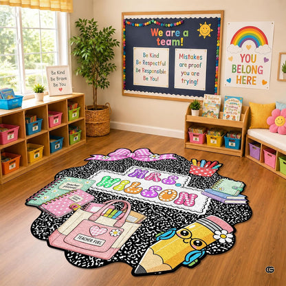 Personalized Composition Notebook Classroom Shaped Rugs for Kids (A01) | Custom Pennant Flag Carpet for Reading Corner, Non-Slip Apple Shape Rug Mat, Classroom Decor, Back To School Gift