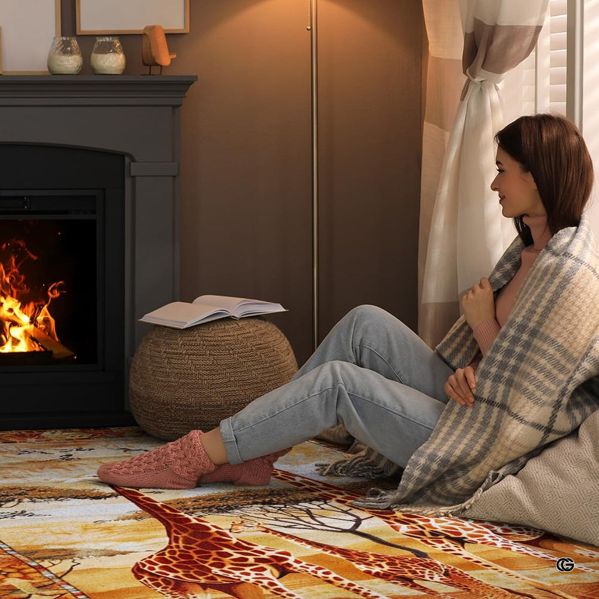 Sunlit living room fireplace setting displaying the African savanna giraffes area rug