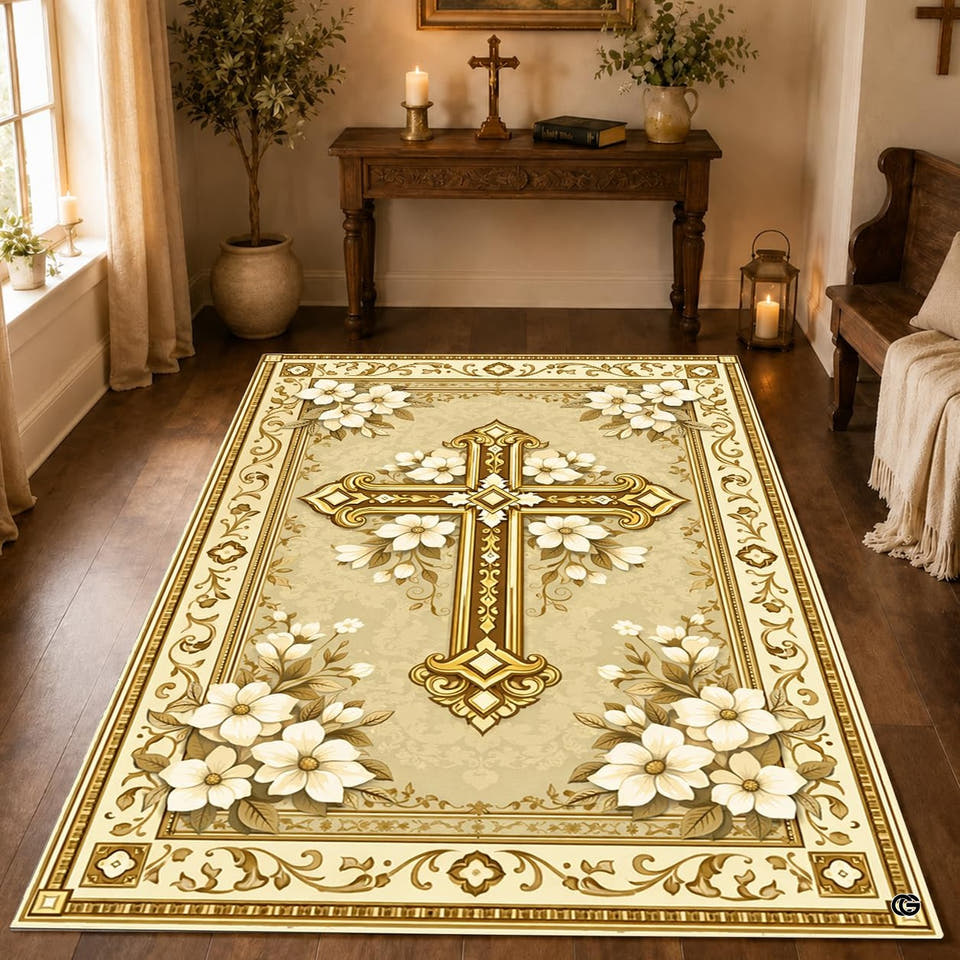 Golden cross area rug with white flowers on a wooden floor