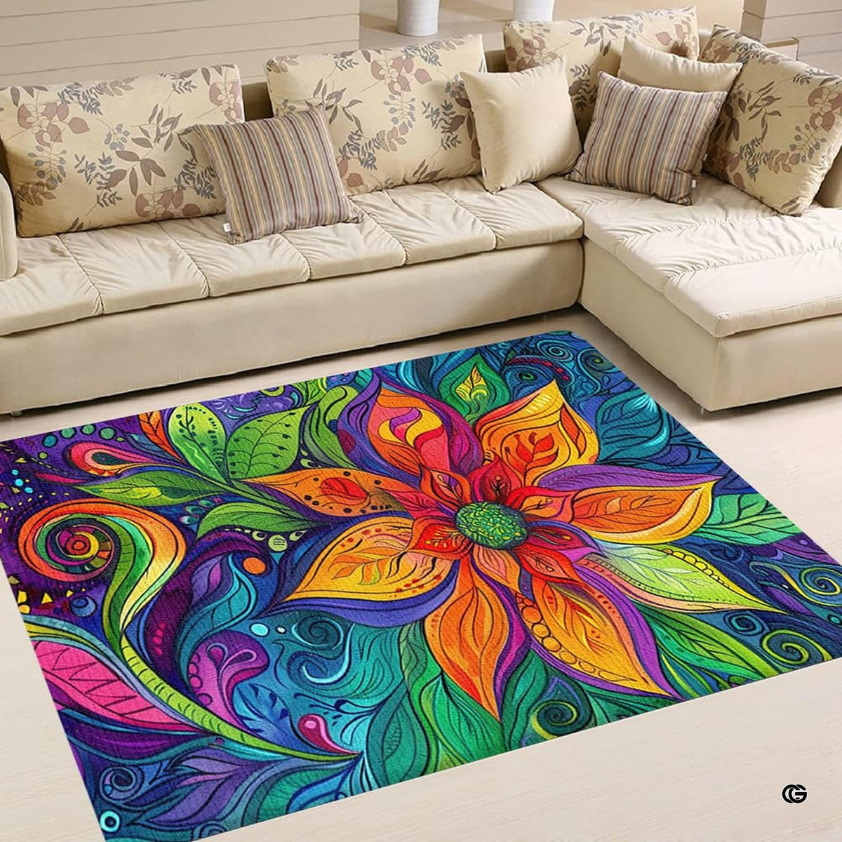 Dimensions and sizing options chart for psychedelic paisley flower boho living room area rug - image 2 of 5