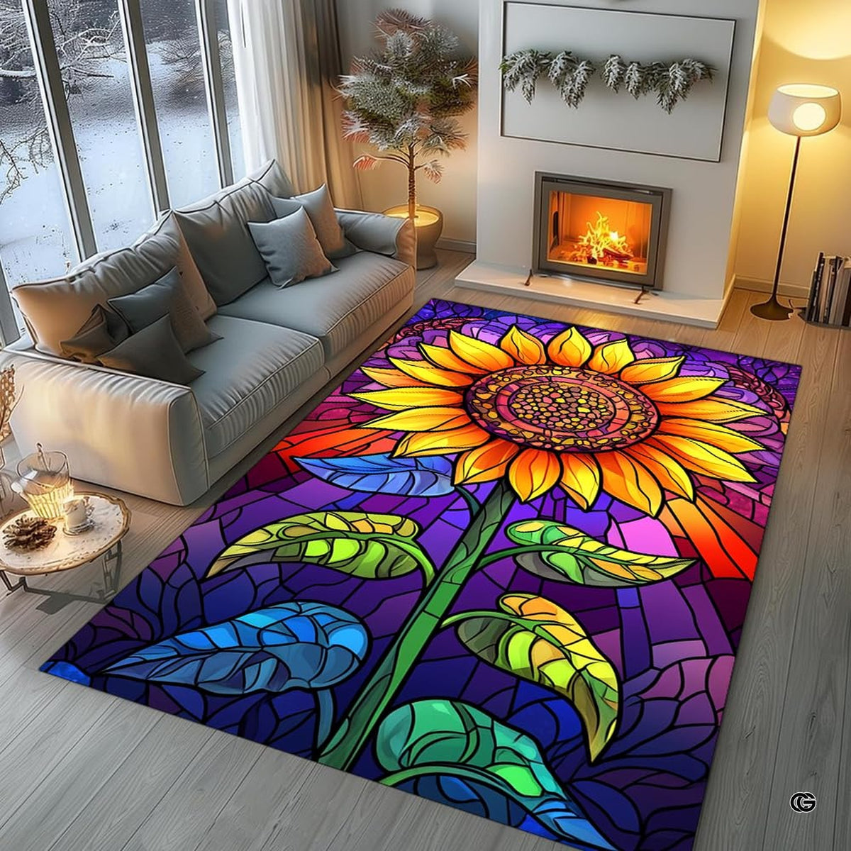 Close up shot highlighting jewel toned magenta, violet, and turquoise mosaic panes on the botanical rug. - image 5 of 8