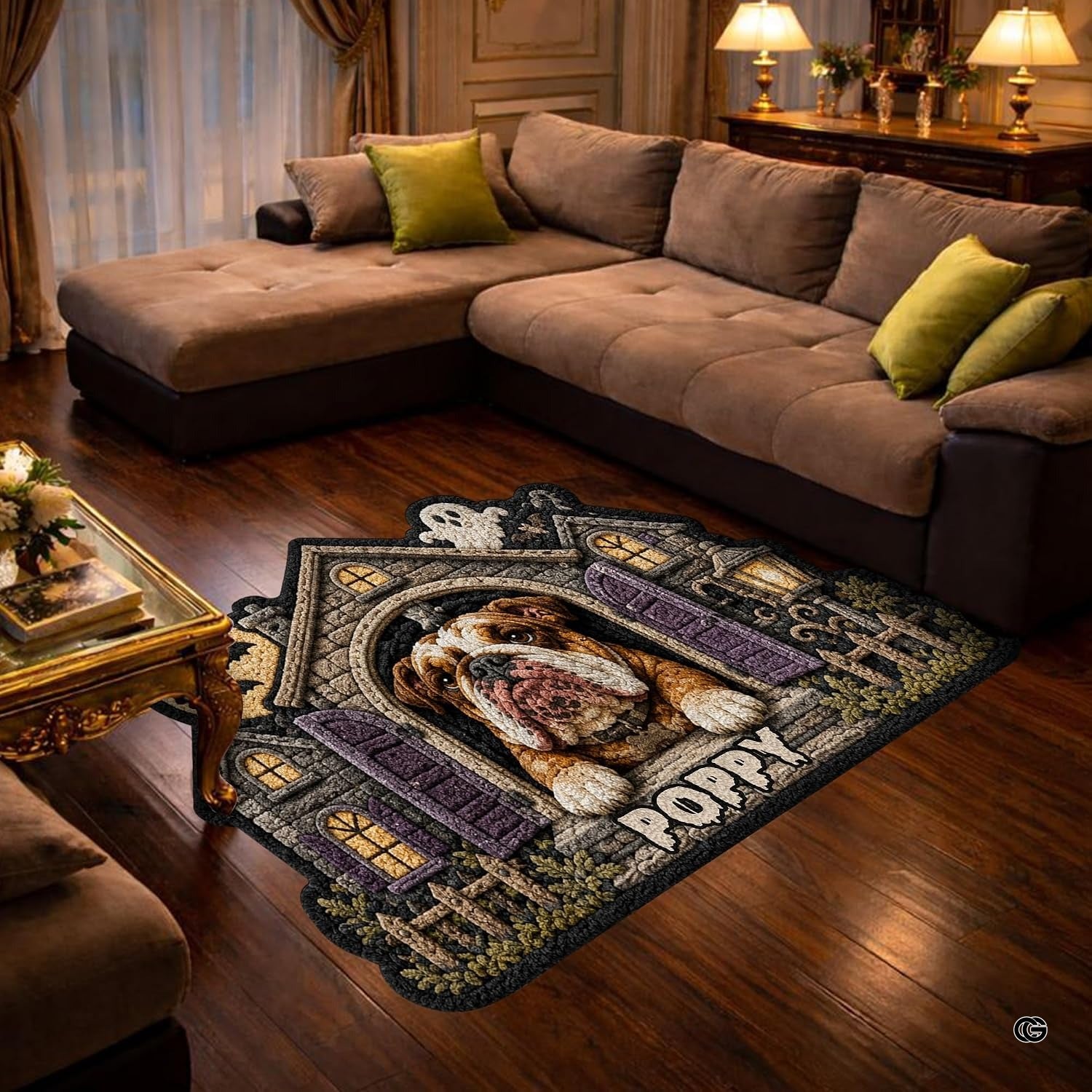 Custom Dog Photo Rug, Personalized Pet Portrait Area Mat Non Slip Indoor Door Rug for Dog Lovers, Welcome Home Decor Halloween (Haunted House)