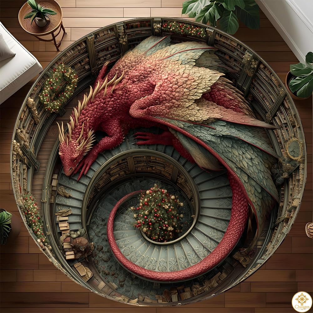 Personalized Dragon Round Rug with 3D Effect and Bookshelf Details