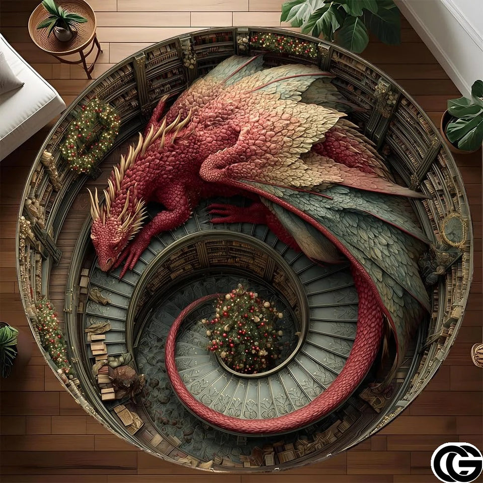 Personalized Dragon Round Rug with 3D Effect and Bookshelf Details