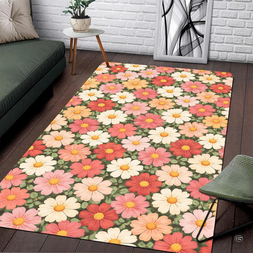 Daisy flower rug displaying pastel pink and peach blossoms on green foliage.