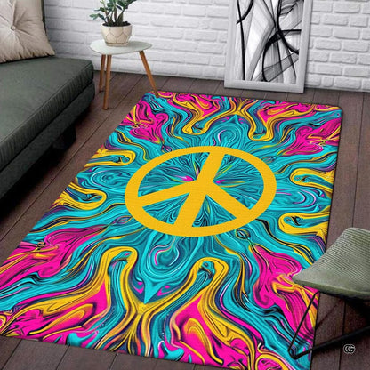 Full overhead view of psychedelic peace sign rug with turquoise, pink, and yellow marbled swirl print. - thumbnail image 1 of 5