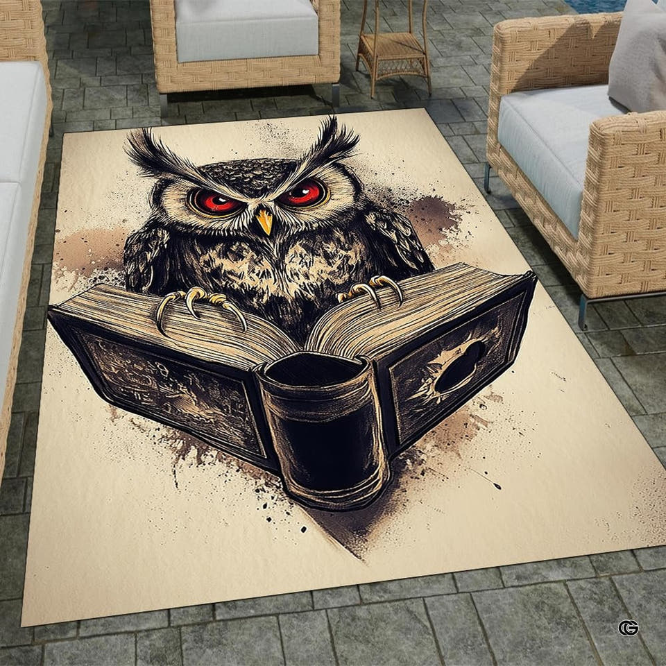 Wise scholar owl on open book living room area rug with ink splash parchment details