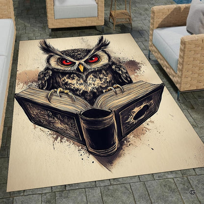 Wise scholar owl on open book living room area rug with ink splash parchment details - thumbnail image 1 of 8