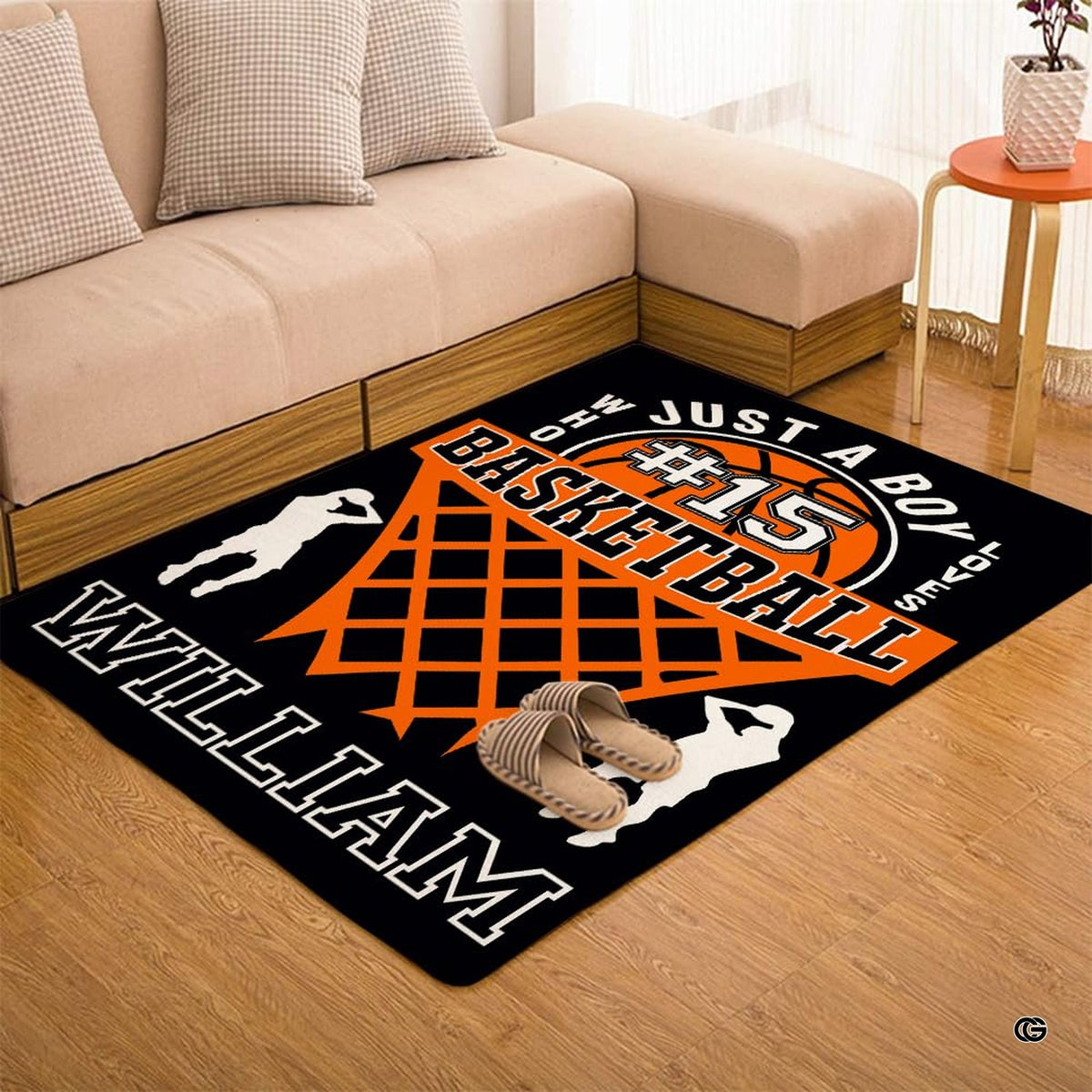 Detailed print view of decorative accent hoop net and collegiate letters on dark background graphic rug.