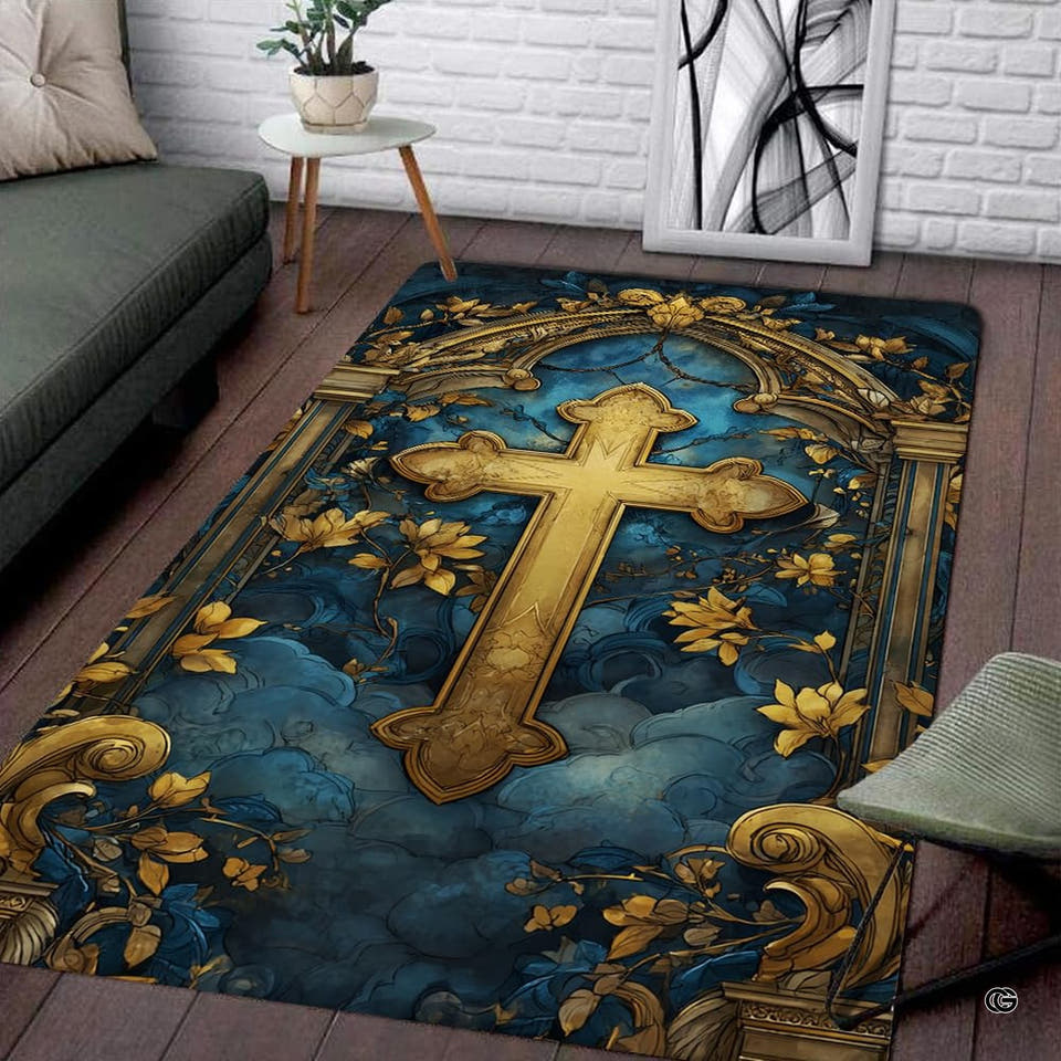 Sacred golden cross cathedral arch celestial blue area rug in primary perspective