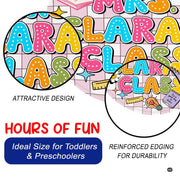 Angled perspective showing retro bubble letter artwork on a decorative circular floor centerpiece. - thumbnail image 6 of 9