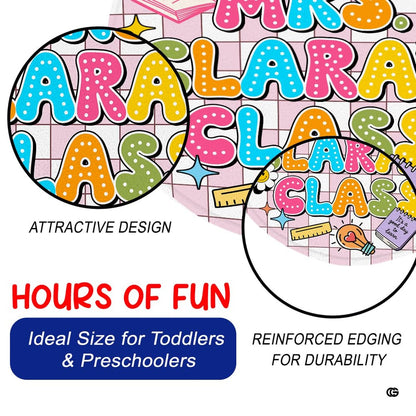 Angled perspective showing retro bubble letter artwork on a decorative circular floor centerpiece. - thumbnail image 6 of 9