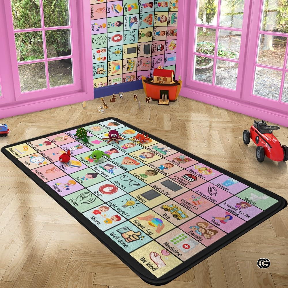 Core Vocabulary Rug, Communication Rugs for Kids Sped Classroom Rug, Autism Carpet, Speech Therapist Decor, Classroom Carpet, Back to School Mat for Kids Room Decor (STYLE-DS02, X-Small (2x3 feet))