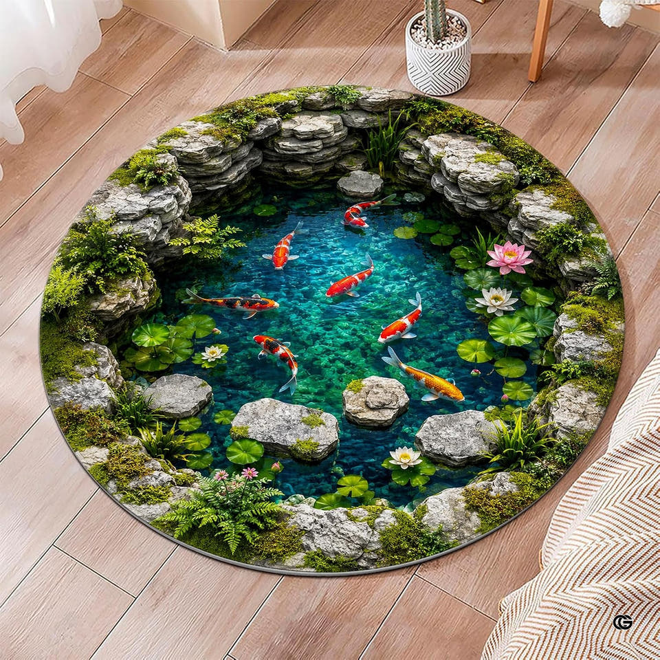 Round area rug displaying 3D koi pond optical illusion with swimming fish and lotus blooms.