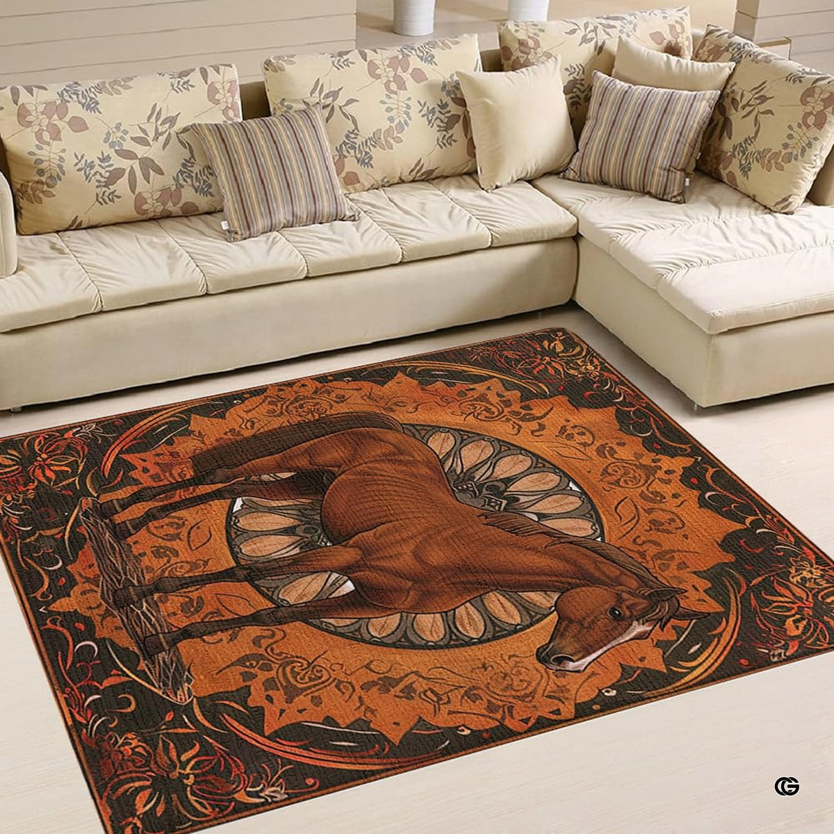 Living room setting featuring horse area rug anchored beneath a modern sofa with decorative accent amber and brown...