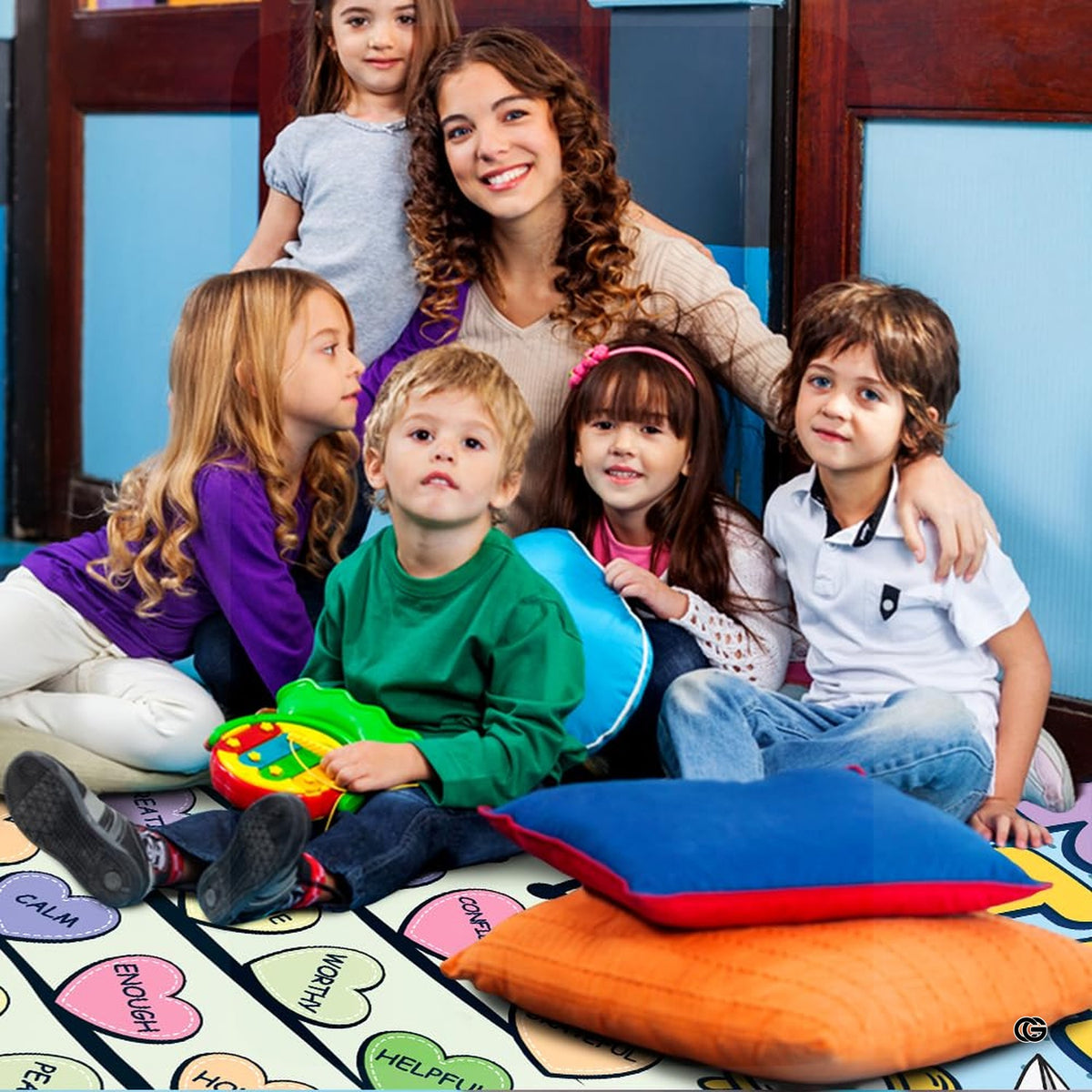 Playful area rug showcasing pastel heart stickers and classroom sketches in a bright study nook - image 6 of 7