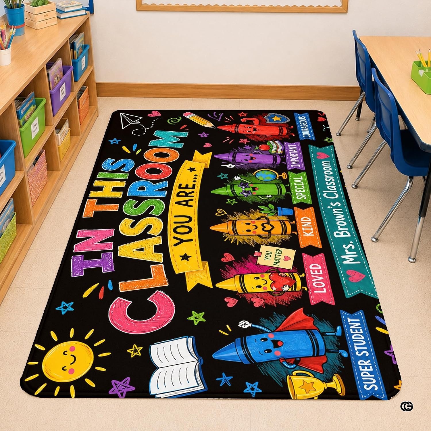 Personalized Teacher Classroom Rug, Custom Back to School Welcome Mat with Name, Kindergarten Preschool Elementary Decor, Composition Notebook Carpet (A13)