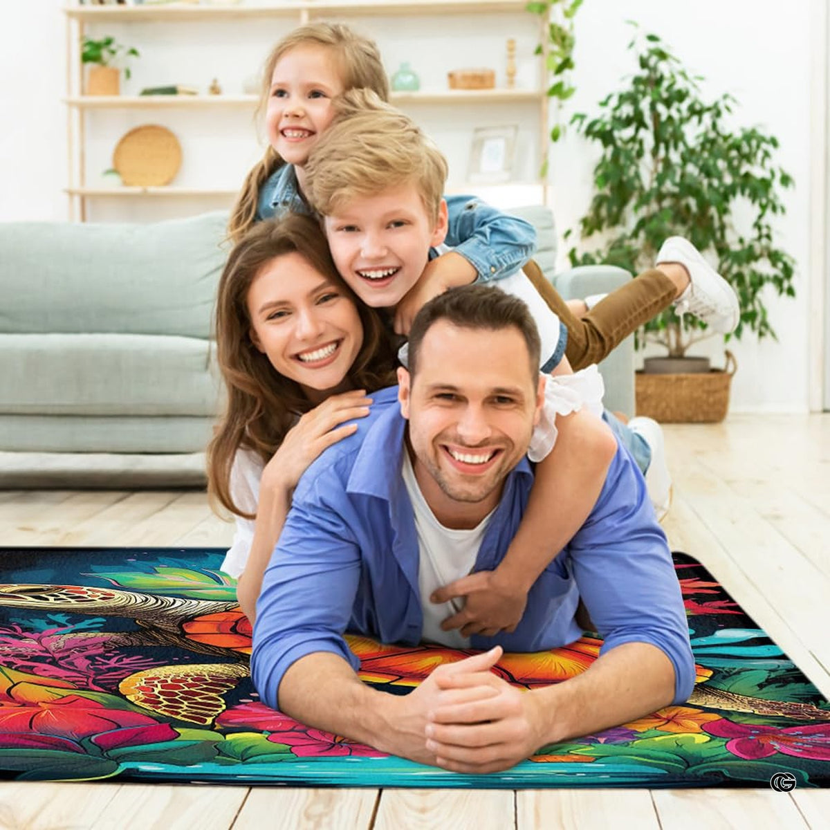 Close-up of vibrant orange, yellow, pink, and emerald marine flora printed on an area rug.