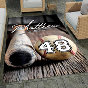 Rustic sports floor rug featuring classic baseball equipment imagery on moody weathered wood backdrop in a home den. - thumbnail image 7 of 8