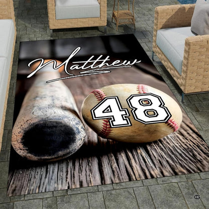 Rustic sports floor rug featuring classic baseball equipment imagery on moody weathered wood backdrop in a home den. - thumbnail image 7 of 8