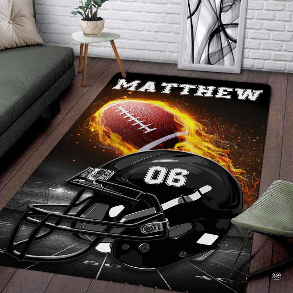 Football helmet rug showcasing an illuminated headpiece over dark stadium field lines.