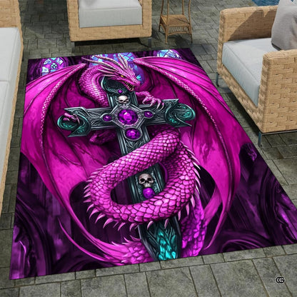 Stone patio setting featuring a gothic magenta dragon skull cross fantasy area rug - thumbnail image 1 of 8