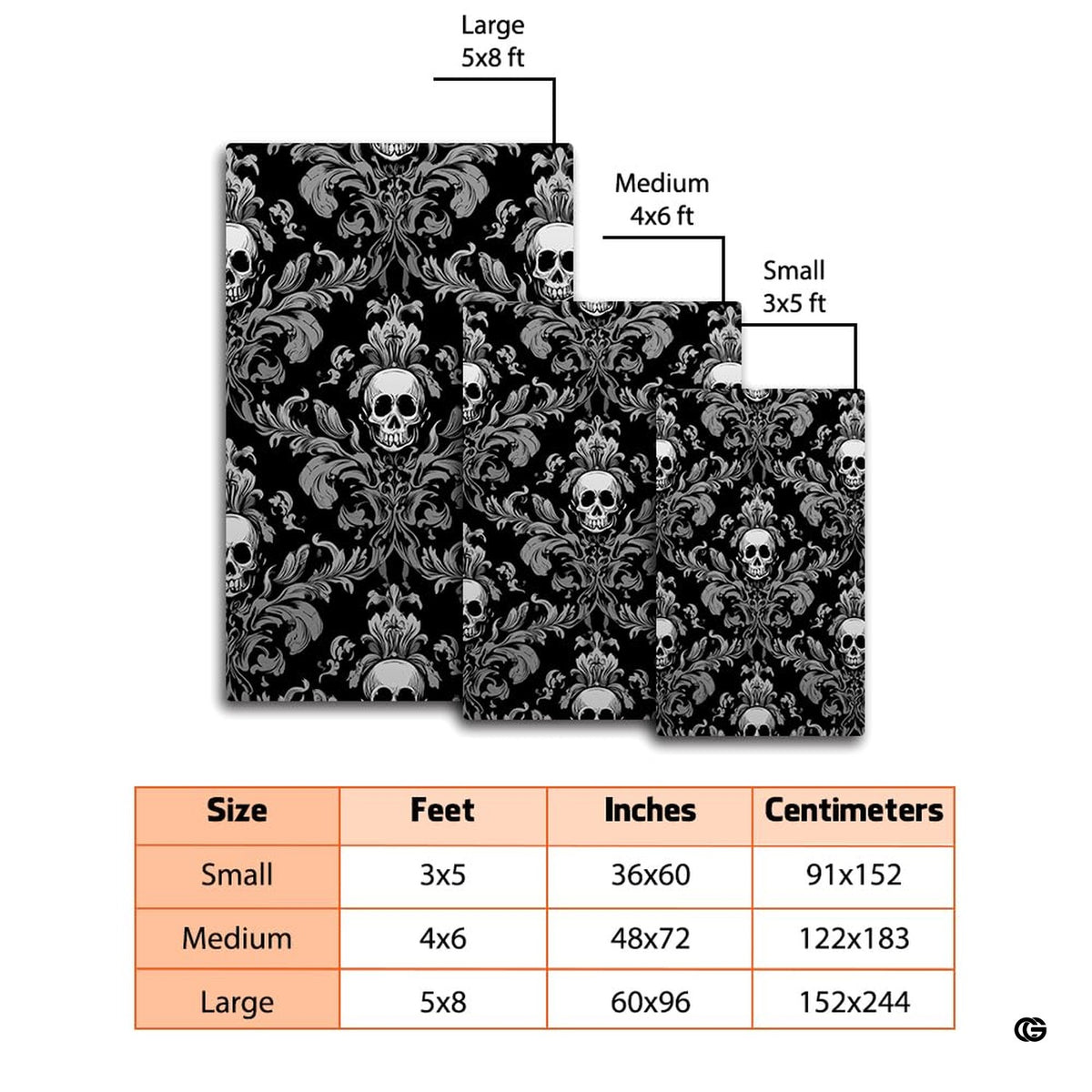 Sunlit living space mockup showcasing the black and silver skull damask rug laid flat between furniture - image 7 of 8