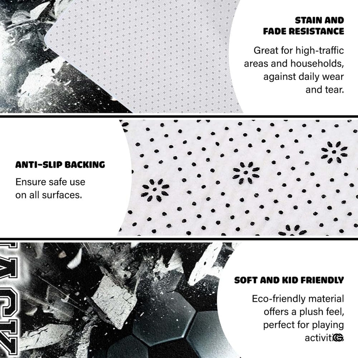Anti-slip dot backing and clean hemmed edge stitching on soccer smash area rug - image 4 of 8