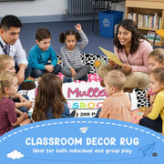 Circular cow print classroom area rug styled as an artistic focal centerpiece in an elementary study space. - thumbnail image 3 of 7