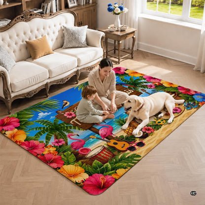 Personalized Tropical Beach Rug, Custom Family Name Tropical Outdoor Rug, Flamingo Surfboard Ocean Area Rug for Living Room, Patio, Beach House Decor, Design 02