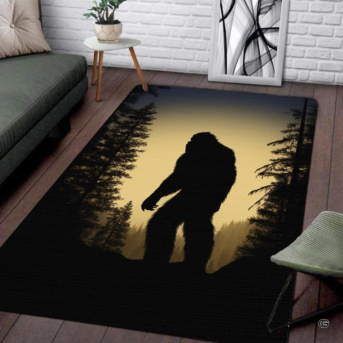 Bigfoot silhouette walking through dense pine tree forest against amber sky area rug display.
