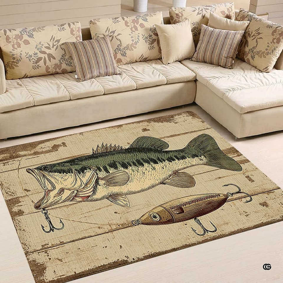 Vintage bass fishing lure weathered wood plank area rug in living room setting with sectional couch