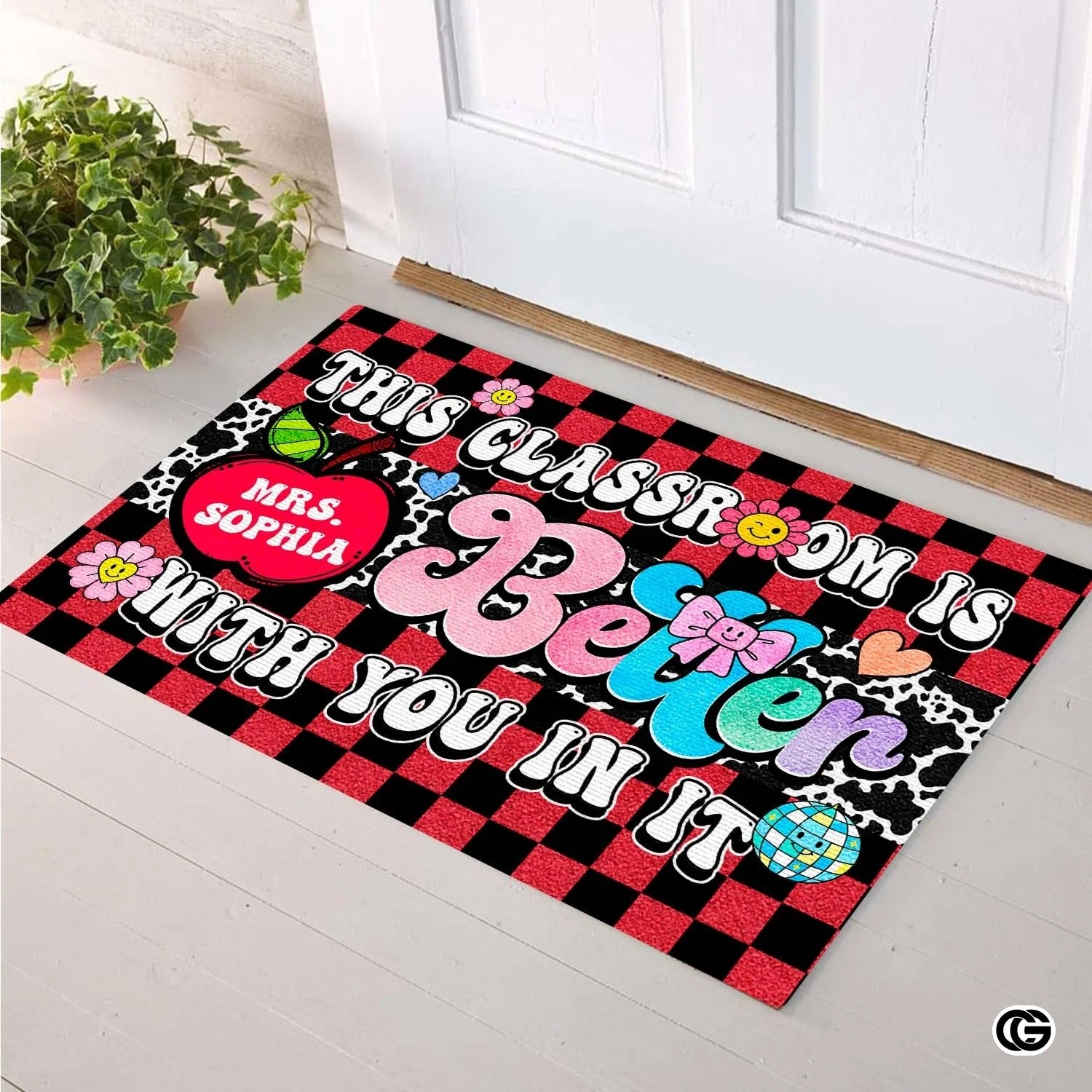 Personalized Welcome Doormat with Teacher Name and Notebook Pattern