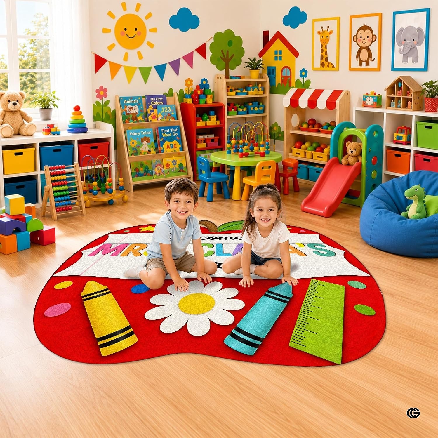 Personalized Composition Notebook Classroom Shaped Rugs for Kids (A03) | Custom Pennant Flag Carpet for Reading Corner, Non-Slip Apple Shape Rug Mat, Classroom Decor, Back To School Gift