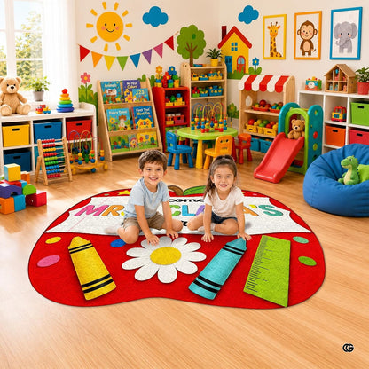 Personalized Composition Notebook Classroom Shaped Rugs for Kids (A03) | Custom Pennant Flag Carpet for Reading Corner, Non-Slip Apple Shape Rug Mat, Classroom Decor, Back To School Gift