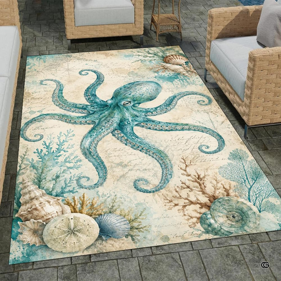 Coastal turquoise octopus seashells coral area rug in primary perspective