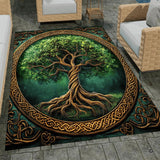 Celtic Tree of Life knotwork living room area rug with sprawling roots and golden border