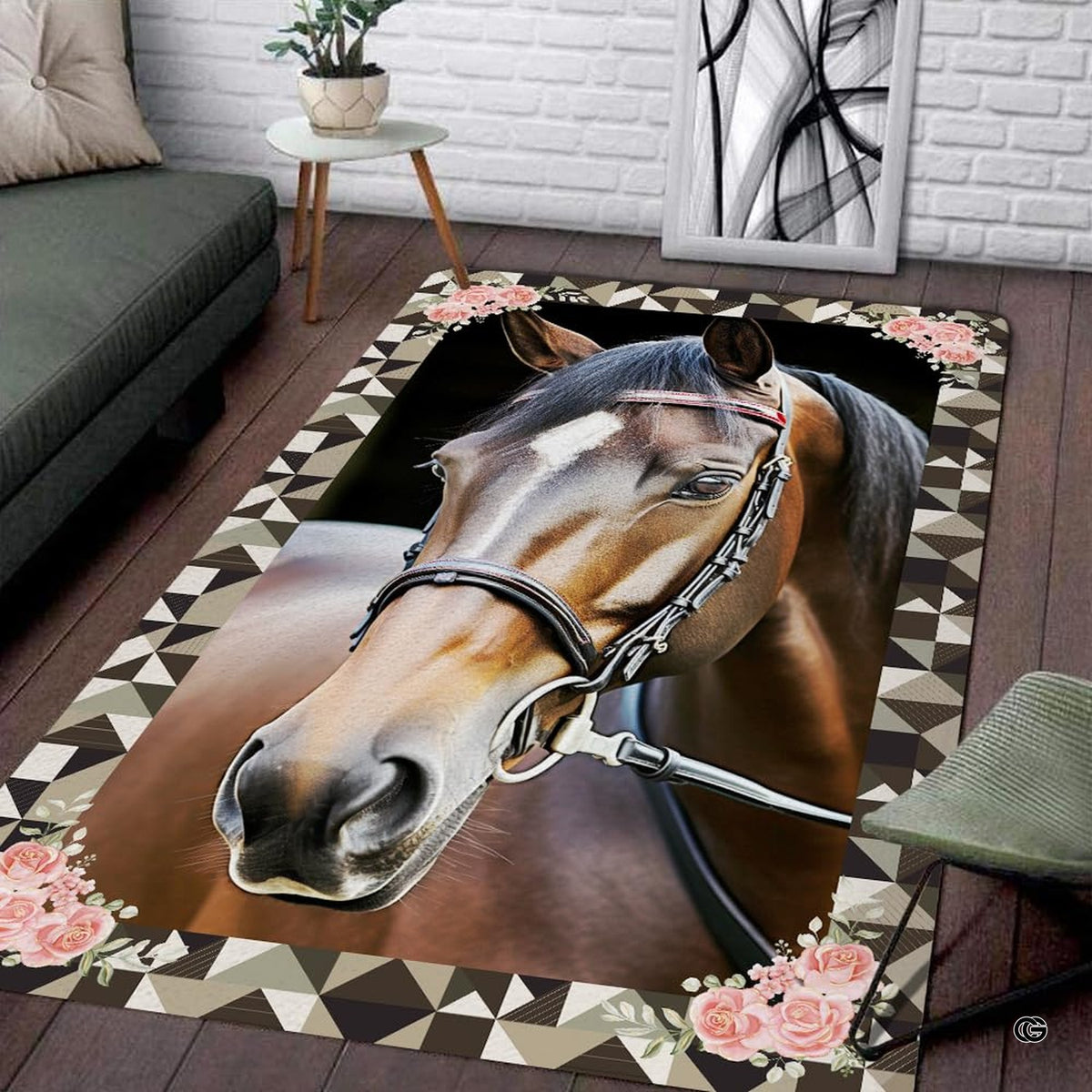 Thoroughbred horse portrait area rug centered in an elegant living room layout. - image 1 of 7