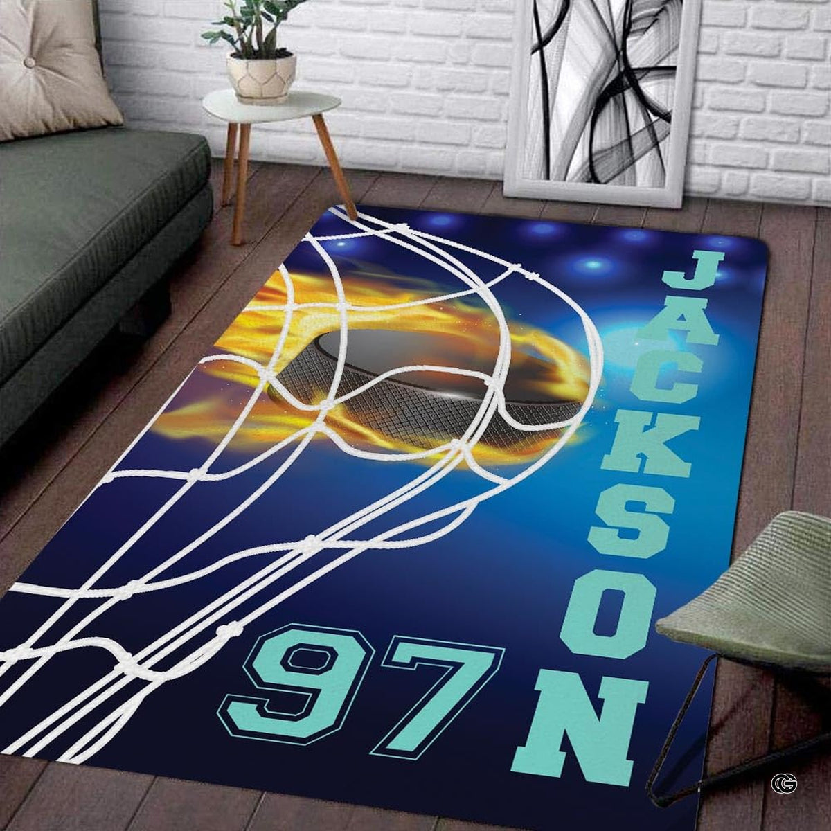 Dynamic hockey rink rug for mini sticks with a fiery goal net graphic and stadium lighting. - image 1 of 7
