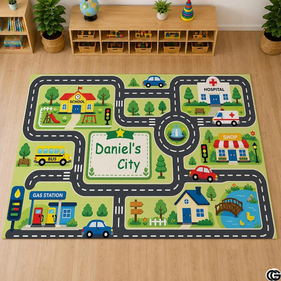 Custom Road Map Area Rug with Personalized City Street and Cars