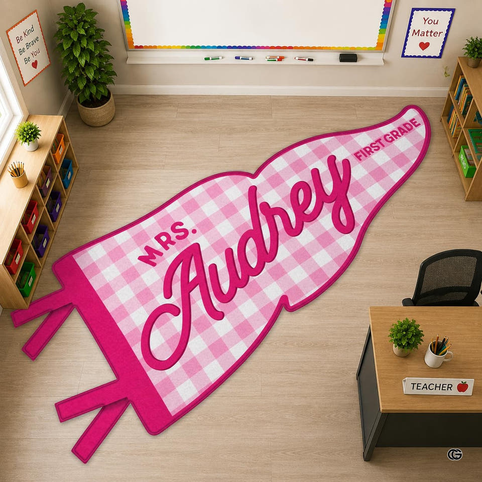 Classroom setting showing pink gingham pennant banner area rug on light wood flooring