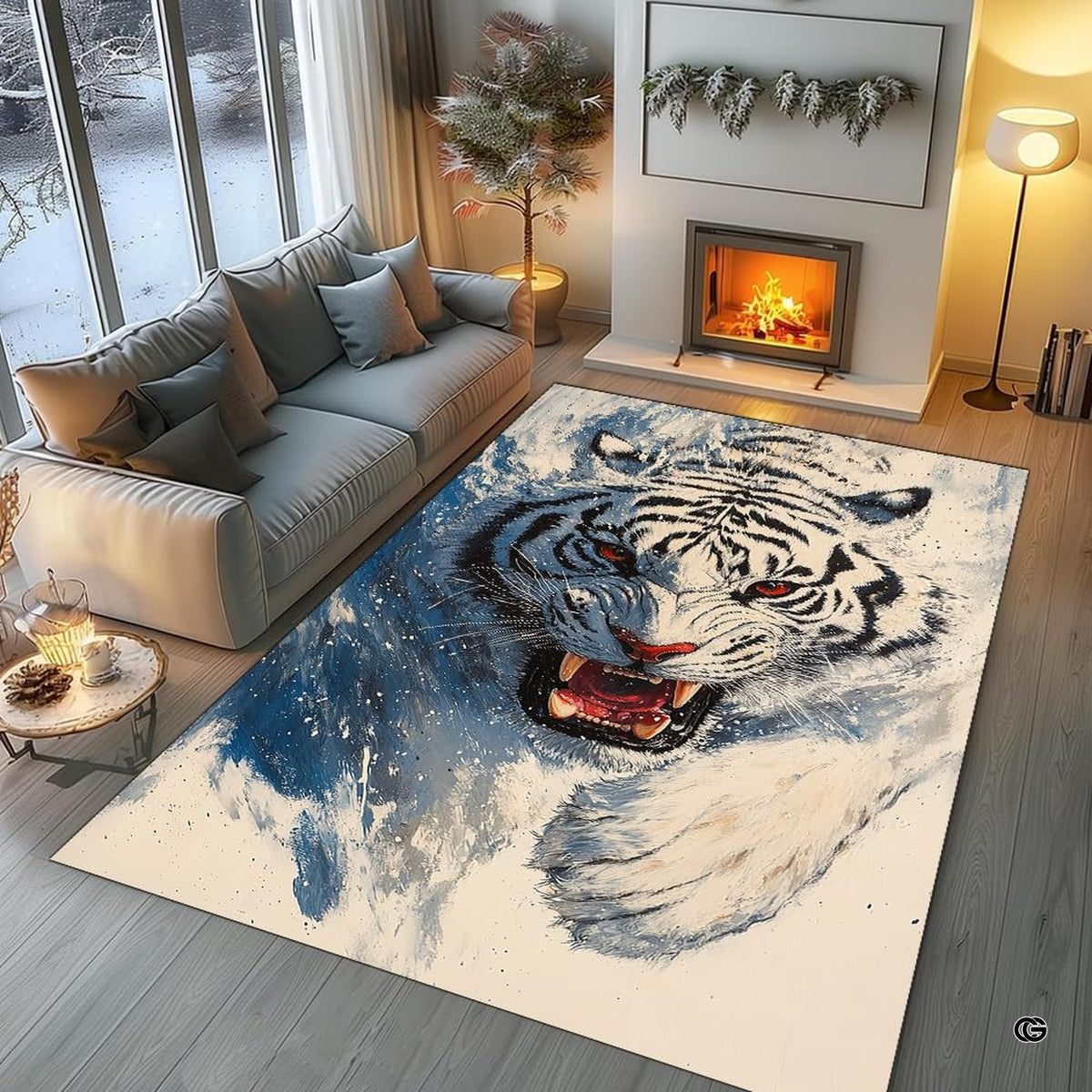 Non-slip grip backing and bound edge stitching on watercolor white tiger rug