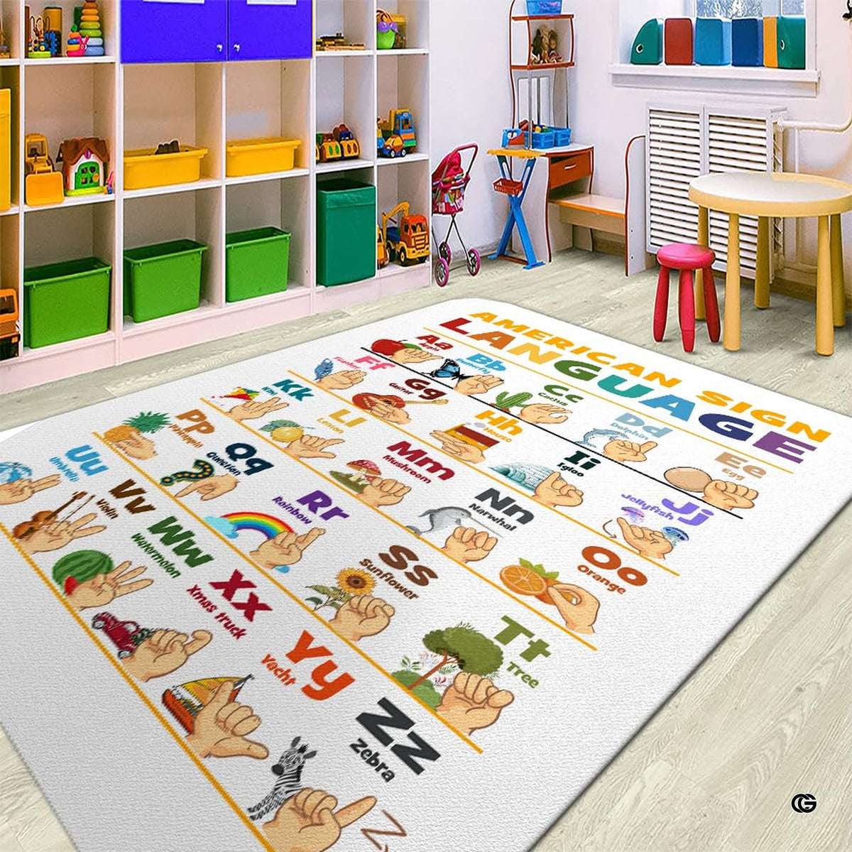 Dimension chart displaying size options for sign language classroom area rug.