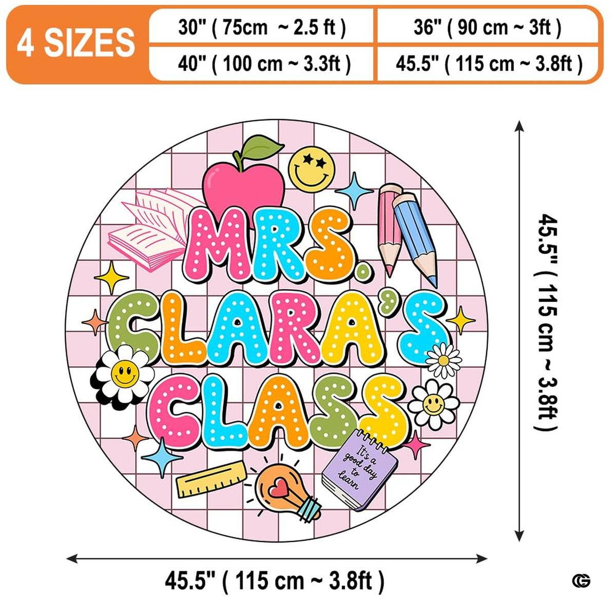 Close-up of cheerful smiling yellow daisy illustration and retro dotted lettering on pastel grid flooring.
