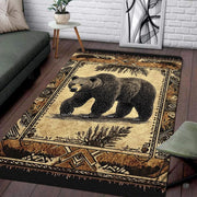 Rustic area rugs for dining room styling featuring a brown bear and pine trees with southwestern borders. - thumbnail image 1 of 5