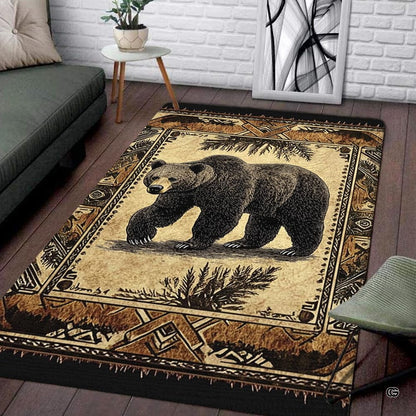 Rustic area rugs for dining room styling featuring a brown bear and pine trees with southwestern borders. - thumbnail image 1 of 5