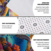 Living room setup centered around colorful sea turtle habitat floor covering and coastal accents. - thumbnail image 6 of 7